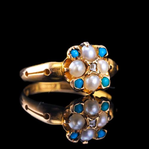fig 8. Antique Turquoise, Diamond & Pearl Ring 15ct Gold Victorian Flower Cluster Design - 1897