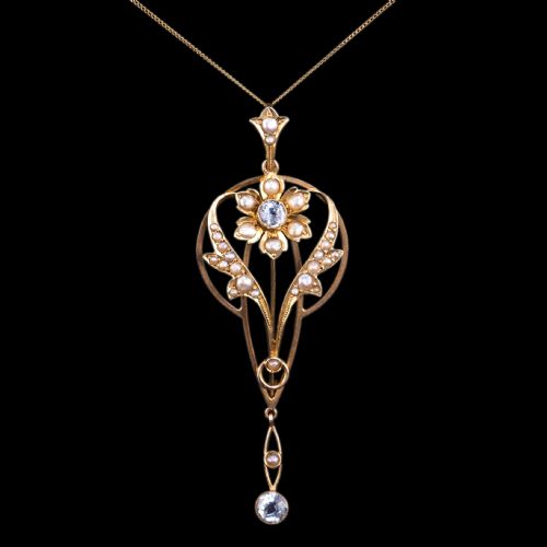 Antique Aquamarine Pendant Necklace with Seed Pearls 9ct Gold Art Nouveau Design - Edwardian C.1905