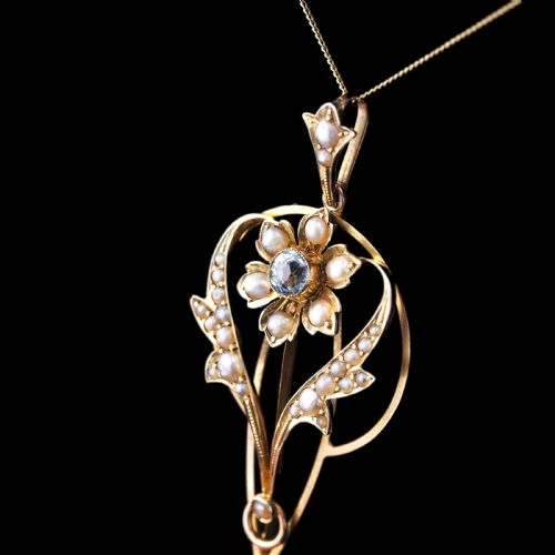 fig 1. Antique Aquamarine Pendant Necklace with Seed Pearls 9ct Gold Art Nouveau Design - Edwardian c.1905