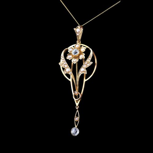 fig 2. Antique Aquamarine Pendant Necklace with Seed Pearls 9ct Gold Art Nouveau Design - Edwardian c.1905