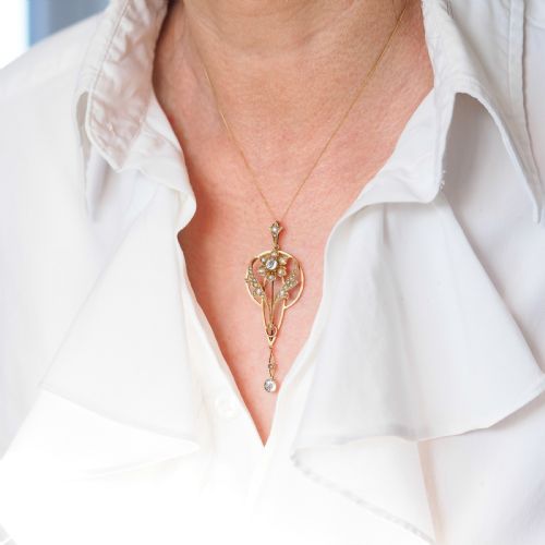 fig 4. Antique Aquamarine Pendant Necklace with Seed Pearls 9ct Gold Art Nouveau Design - Edwardian c.1905