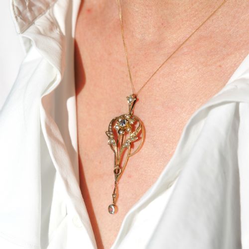 fig 6. Antique Aquamarine Pendant Necklace with Seed Pearls 9ct Gold Art Nouveau Design - Edwardian c.1905