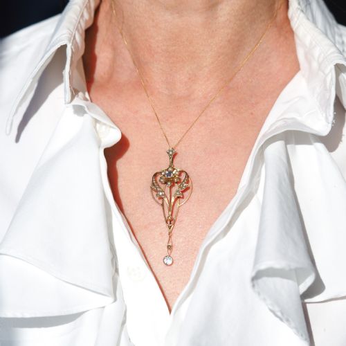 fig 7. Antique Aquamarine Pendant Necklace with Seed Pearls 9ct Gold Art Nouveau Design - Edwardian c.1905