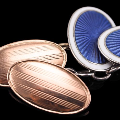 fig 1. Antique Gold Cufflinks with Blue Guilloche Enamel 9ct Gold & Sterling Silver - Victorian c.1863