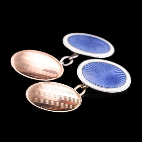 fig 3. Antique Gold Cufflinks with Blue Guilloche Enamel 9ct Gold & Sterling Silver - Victorian c.1863