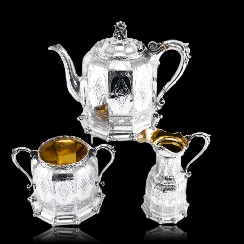 fig 1. Rare Antique Solid Silver Victorian Tea Set, 3 Piece Gothic Design - Elkington 1853