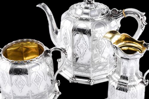 fig 2. Rare Antique Solid Silver Victorian Tea Set, 3 Piece Gothic Design - Elkington 1853