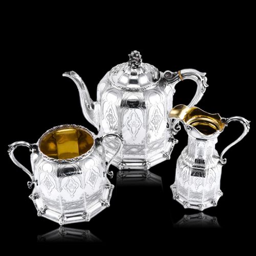 fig 4. Rare Antique Solid Silver Victorian Tea Set, 3 Piece Gothic Design - Elkington 1853