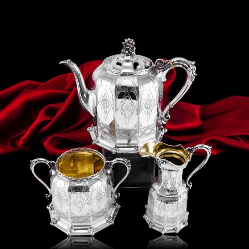 fig 5. Rare Antique Solid Silver Victorian Tea Set, 3 Piece Gothic Design - Elkington 1853