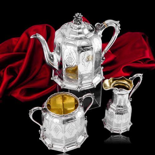 fig 6. Rare Antique Solid Silver Victorian Tea Set, 3 Piece Gothic Design - Elkington 1853
