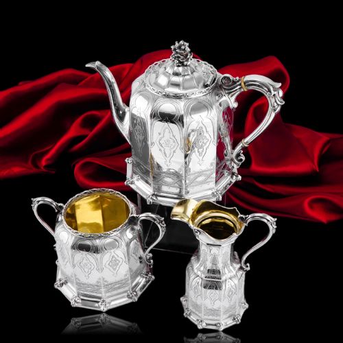 fig 7. Rare Antique Solid Silver Victorian Tea Set, 3 Piece Gothic Design - Elkington 1853