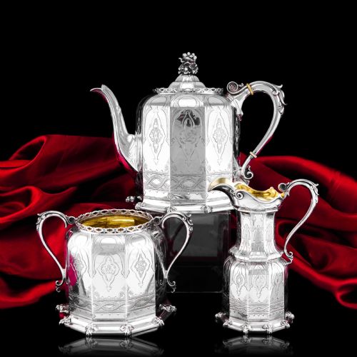 fig 8. Rare Antique Solid Silver Victorian Tea Set, 3 Piece Gothic Design - Elkington 1853