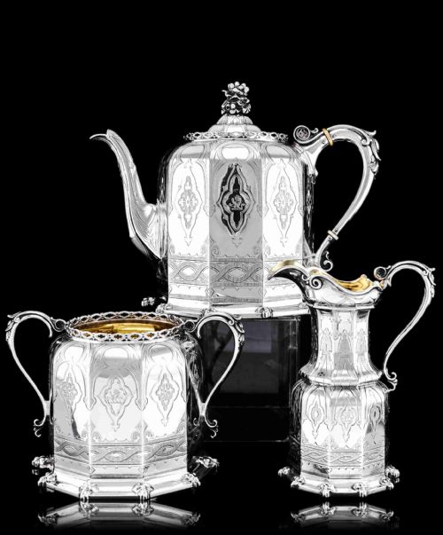 Rare Antique Solid Silver Victorian Tea Set, 3 Piece Gothic Design - Elkington 1853