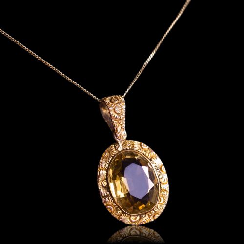 fig 1. Antique Victorian 9ct Gold Citrine Pendant Necklace with Chased Floral Motif - c.1850
