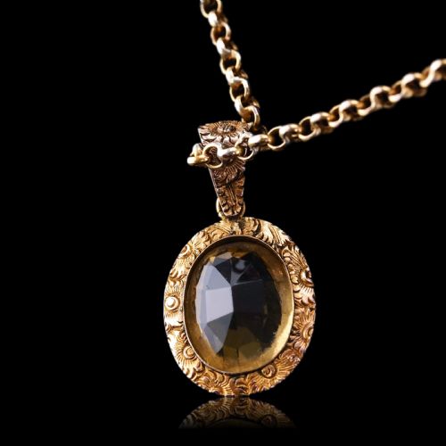 fig 3. Antique Victorian 9ct Gold Citrine Pendant Necklace with Chased Floral Motif - c.1850
