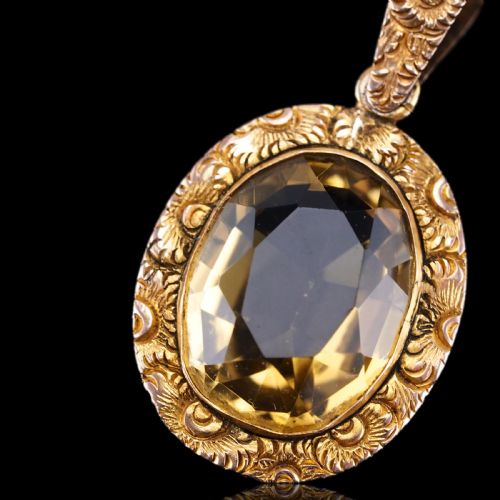 fig 5. Antique Victorian 9ct Gold Citrine Pendant Necklace with Chased Floral Motif - c.1850