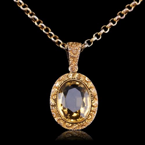 fig 7. Antique Victorian 9ct Gold Citrine Pendant Necklace with Chased Floral Motif - c.1850