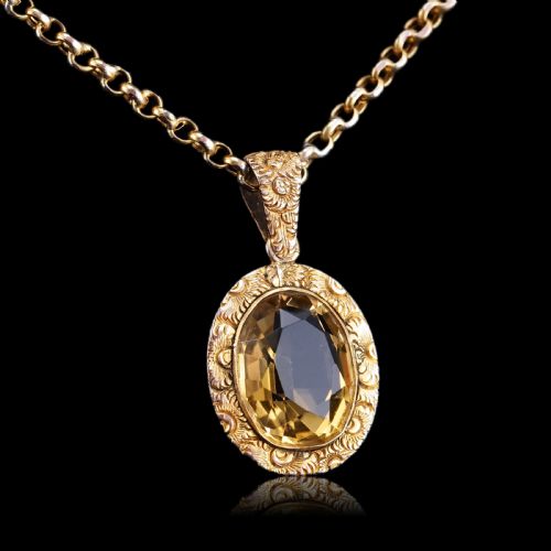 fig 8. Antique Victorian 9ct Gold Citrine Pendant Necklace with Chased Floral Motif - c.1850
