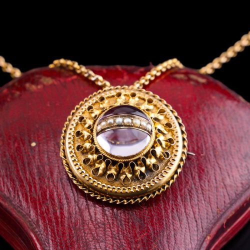 Spectacular Antique Victorian Etruscan Style 15ct Gold Rock Crystal Cabochon Pendant Necklace - C.1870