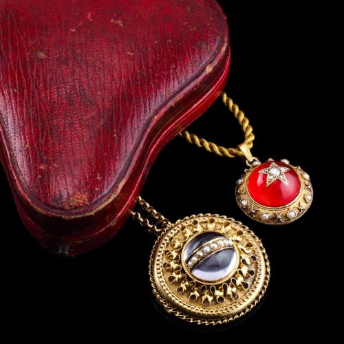 fig 2. Spectacular Antique Victorian Etruscan Style 15ct Gold Rock Crystal Cabochon Pendant Necklace - c.1870
