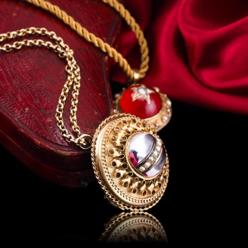 fig 3. Spectacular Antique Victorian Etruscan Style 15ct Gold Rock Crystal Cabochon Pendant Necklace - c.1870