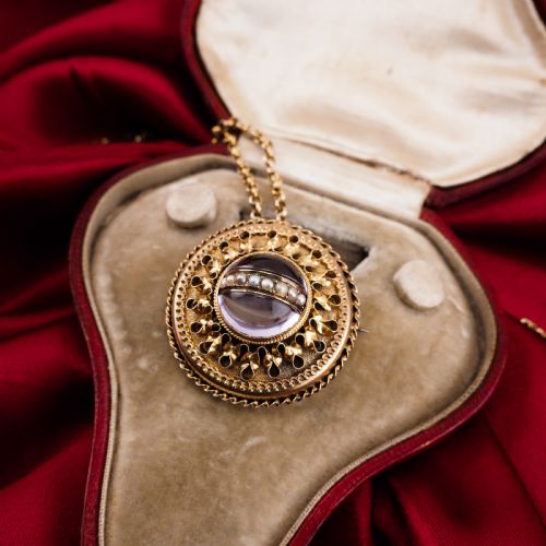 fig 4. Spectacular Antique Victorian Etruscan Style 15ct Gold Rock Crystal Cabochon Pendant Necklace - c.1870
