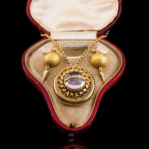 fig 7. Spectacular Antique Victorian Etruscan Style 15ct Gold Rock Crystal Cabochon Pendant Necklace - c.1870