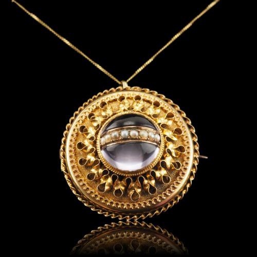 fig 8. Spectacular Antique Victorian Etruscan Style 15ct Gold Rock Crystal Cabochon Pendant Necklace - c.1870
