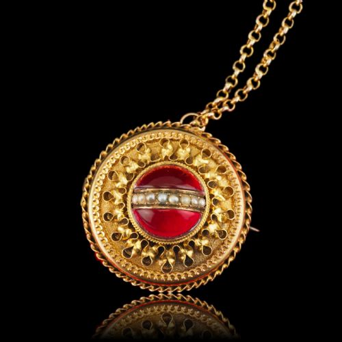 fig 9. Spectacular Antique Victorian Etruscan Style 15ct Gold Rock Crystal Cabochon Pendant Necklace - c.1870