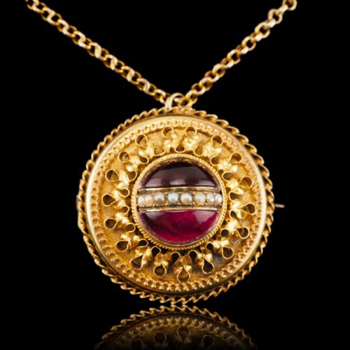 fig 10. Spectacular Antique Victorian Etruscan Style 15ct Gold Rock Crystal Cabochon Pendant Necklace - c.1870