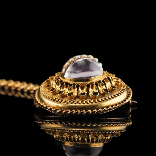 fig 12. Spectacular Antique Victorian Etruscan Style 15ct Gold Rock Crystal Cabochon Pendant Necklace - c.1870