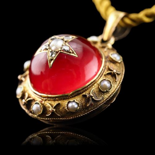 fig 3. Antique Victorian Diamond & Pearl Star Necklace with Red Rock Crystal Cabochon 15ct Gold - c.1880