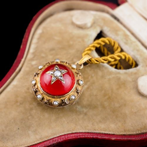 fig 9. Antique Victorian Diamond & Pearl Star Necklace with Red Rock Crystal Cabochon 15ct Gold - c.1880