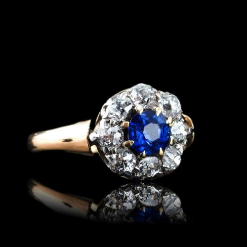 fig 2. Antique Victorian Sapphire & Diamond 18ct Gold Cluster Ring - c.1900
