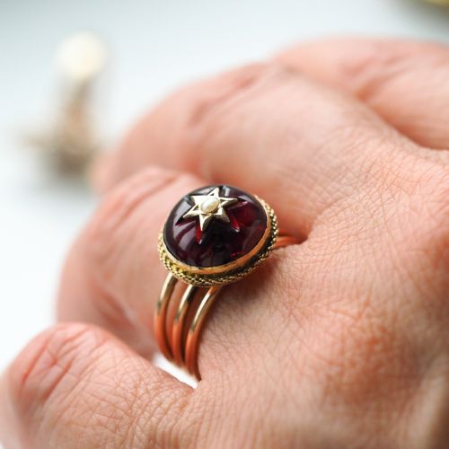 fig 7. Antique Victorian 14ct Gold Garnet Star Cabochon Ring with Seed Pearl - c.1880