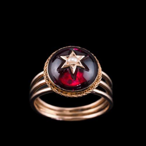 fig 8. Antique Victorian 14ct Gold Garnet Star Cabochon Ring with Seed Pearl - c.1880