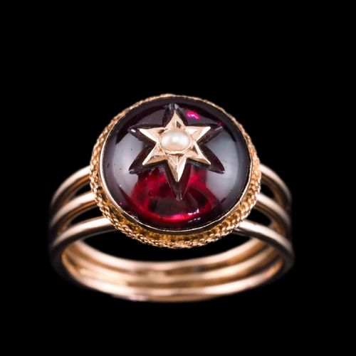 fig 9. Antique Victorian 14ct Gold Garnet Star Cabochon Ring with Seed Pearl - c.1880