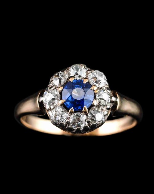Antique Victorian Sapphire & Diamond 18ct Gold Cluster Ring - C.1900