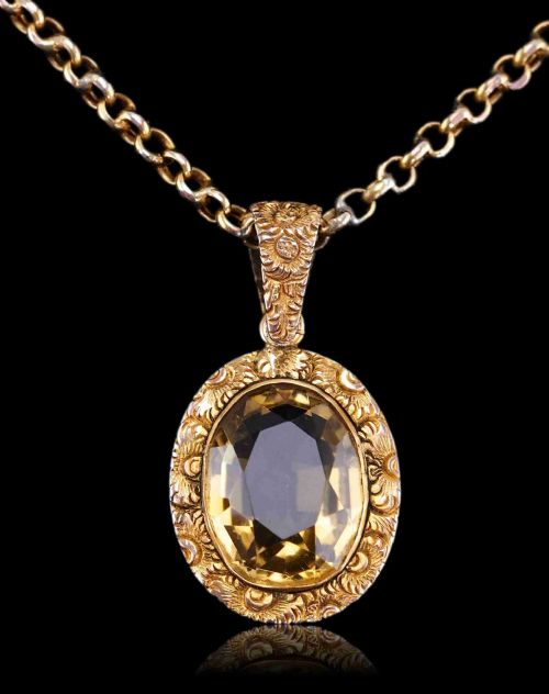 Antique Victorian 9ct Gold Citrine Pendant Necklace with Chased Floral Motif - C.1850