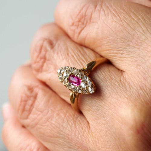 fig 3. Antique Victorian Ruby & Diamond Ring 18ct Gold Cluster Navette Design - 1886