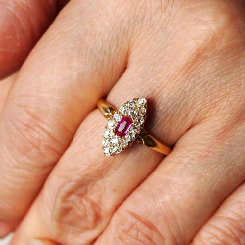 fig 4. Antique Victorian Ruby & Diamond Ring 18ct Gold Cluster Navette Design - 1886