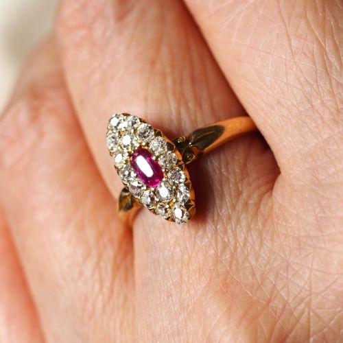fig 5. Antique Victorian Ruby & Diamond Ring 18ct Gold Cluster Navette Design - 1886