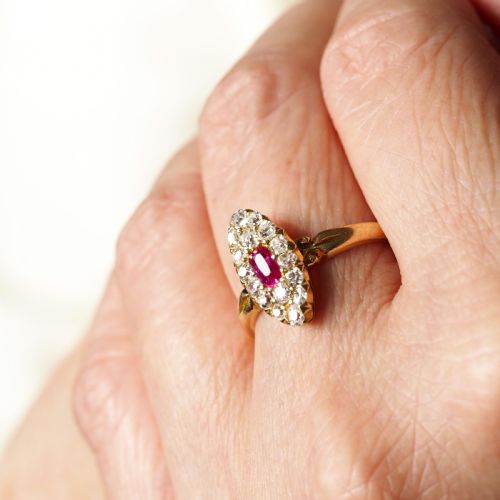 fig 6. Antique Victorian Ruby & Diamond Ring 18ct Gold Cluster Navette Design - 1886