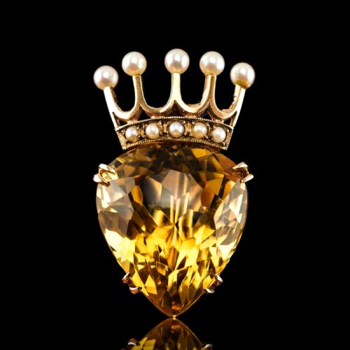 A Citrine & Pearl 14ct Gold Heart Coronet Crown Brooch/pendant Necklace