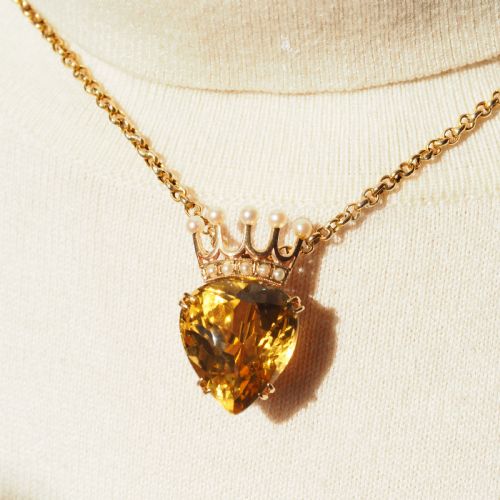 fig 1. A Citrine & Pearl 14ct Gold Heart Coronet Crown Brooch/Pendant Necklace