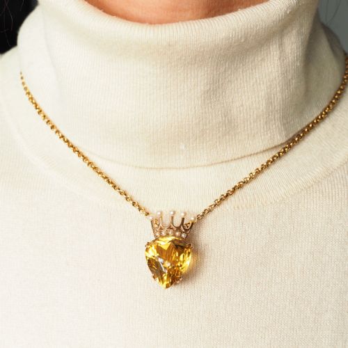 fig 3. A Citrine & Pearl 14ct Gold Heart Coronet Crown Brooch/Pendant Necklace