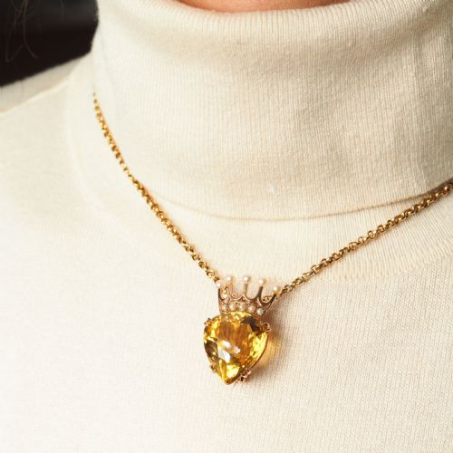 fig 5. A Citrine & Pearl 14ct Gold Heart Coronet Crown Brooch/Pendant Necklace
