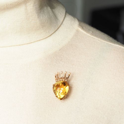 fig 8. A Citrine & Pearl 14ct Gold Heart Coronet Crown Brooch/Pendant Necklace