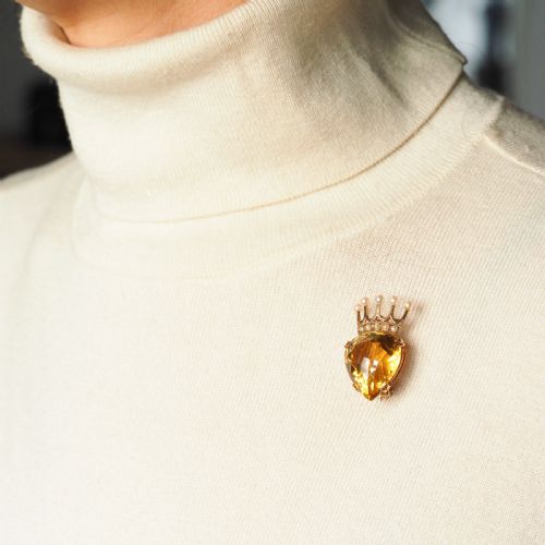 fig 9. A Citrine & Pearl 14ct Gold Heart Coronet Crown Brooch/Pendant Necklace