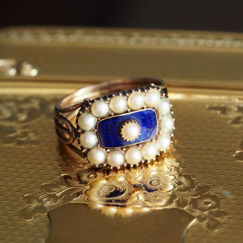 fig 3. Antique Georgian Blue Enamel & Seed Pearl 14ct Gold Cluster Ring - c.1800